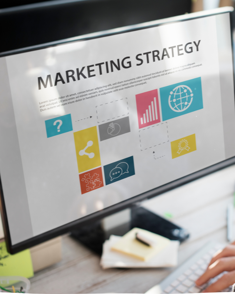 Marketing strategy presentation showing planning, analytics, growth, and digital channels