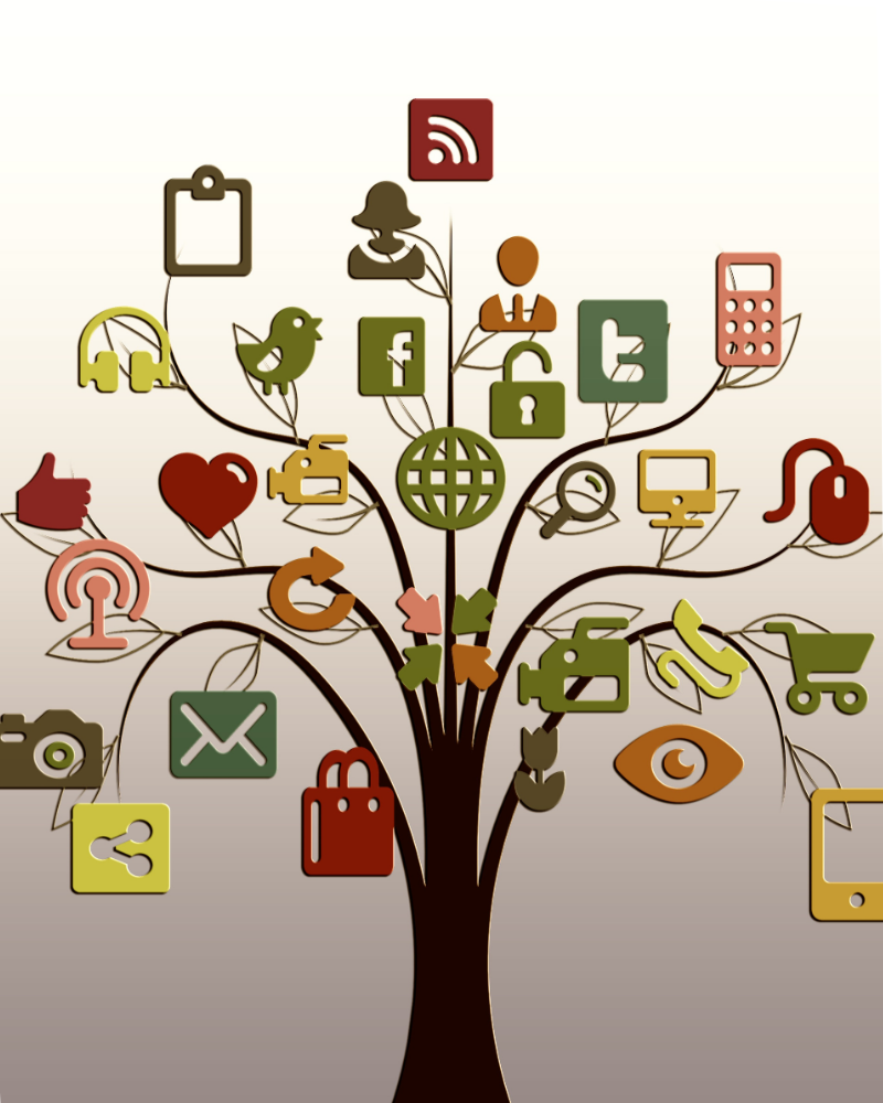 Social media ecosystem showing platforms, engagement, sharing, and online connections